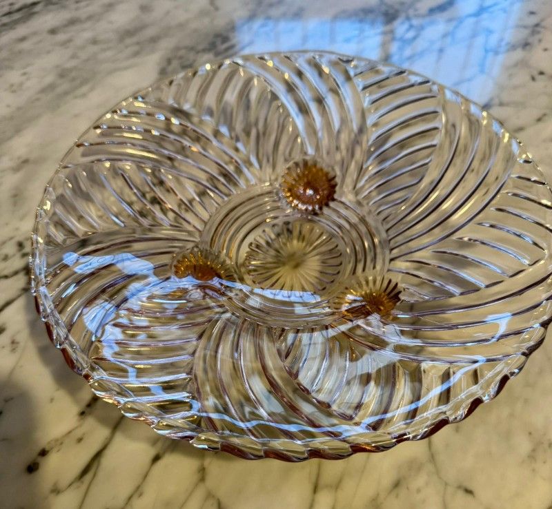 VINTAGE PINK DEPRESSION 3 STEM SWIRL GLASS BOWL