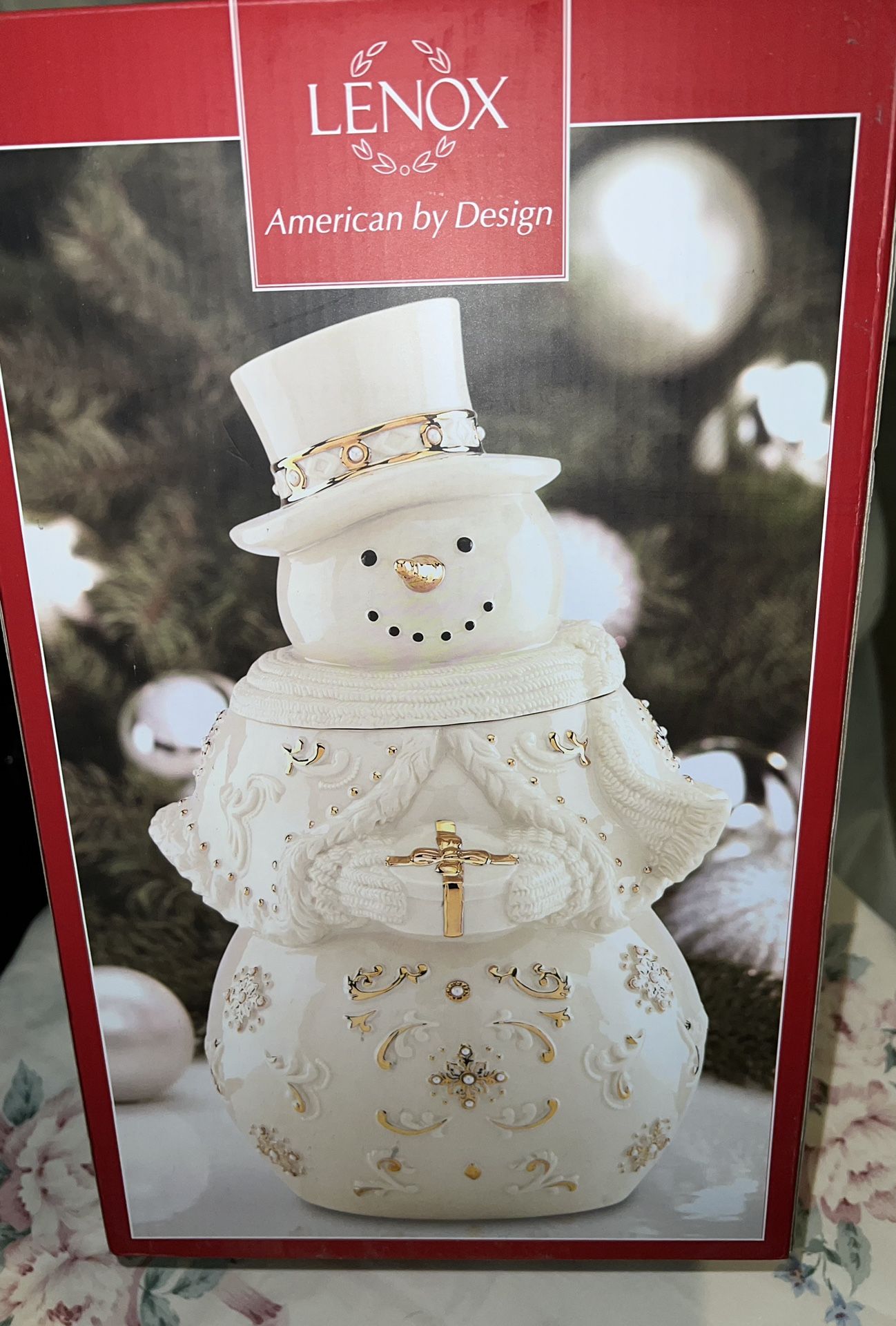 Lenox Florentine and Pearl Snowman Cookie Jar