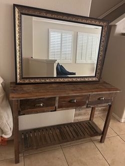 Rustic entry table w/gold tone mirror