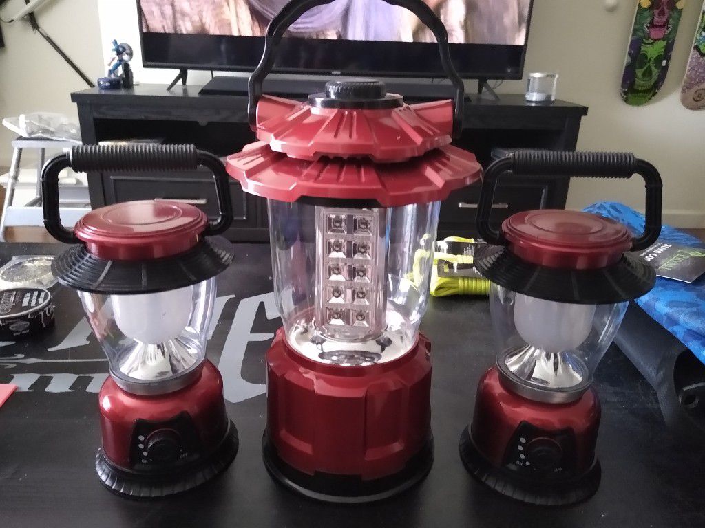 3 LED CAMPING LANTERNS - RED 2 SMALL 1 LARGE 