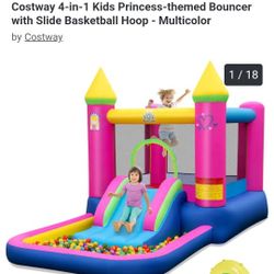 4-in-1 Kids Princess-themed Bouncer with Slide Basketball Hoop