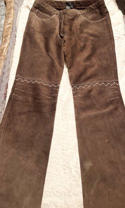 Sz. 4 BCBG Bohemian Brown Suede Leather Pants Lined Low Waist Bootcut W/Stitching