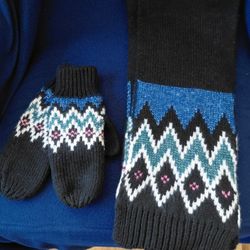 New. Black Winter Scarf And Matching Mittens With Colored Desins On Both-pink, White, Medium Blue And Royal Blue