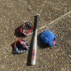 Kids Baseball Lot Gloves and Bat