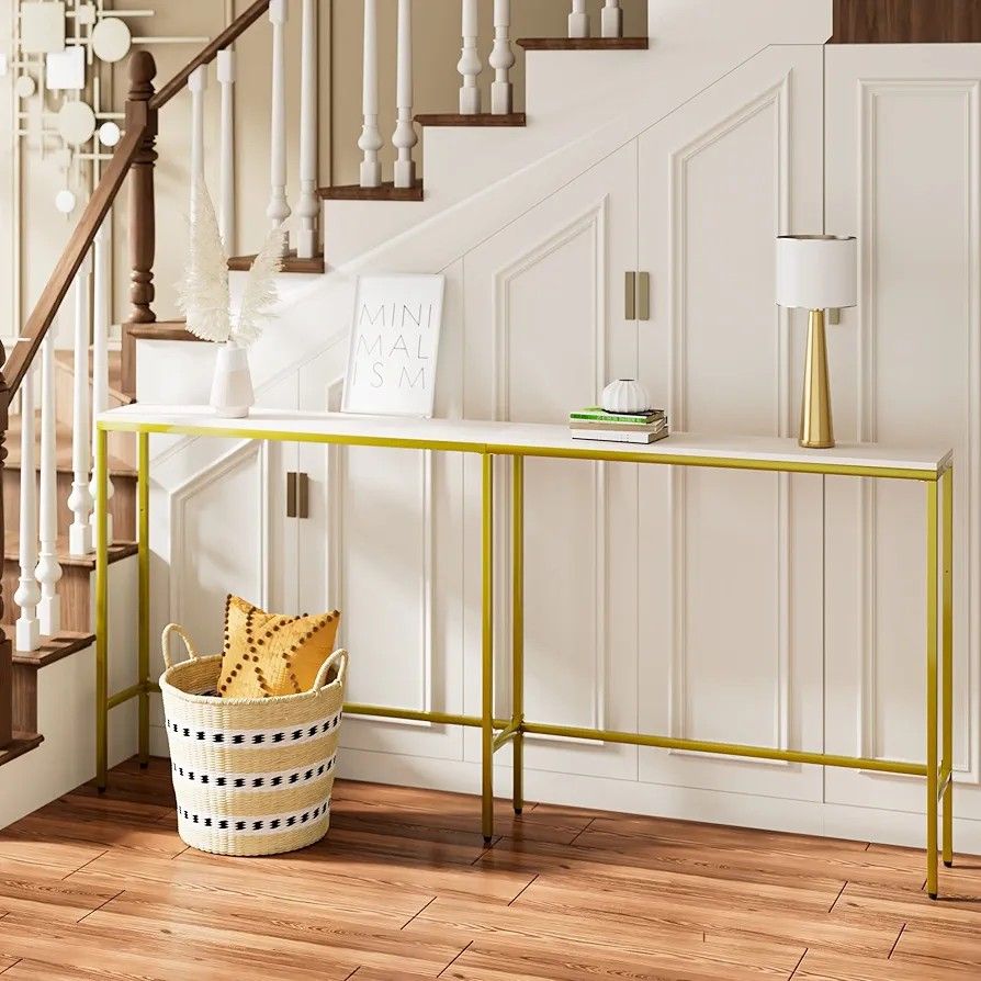 70.9" Console Table,Modern Extra Narrow Long Sofa Table Behind Couch,Skinny Entry Table with Gold Metal Frame for Living Room, Hallway,Classic White
A
