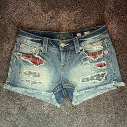 Miss Me Girls Embroidered Rhinestone Denim Jean Shorts Size 26 Stars Plaid Fringe