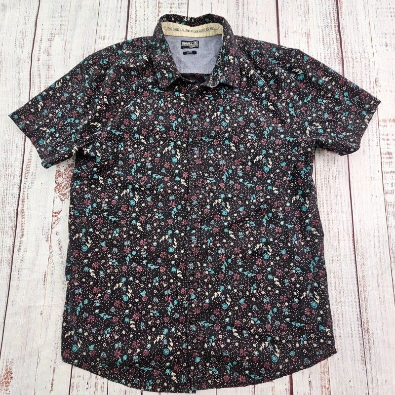 Black Floral Tailored Fit Short Sleeve Button-Up Shirt Men's XL