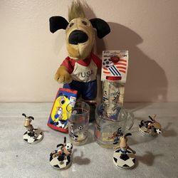 World Cup Pup Striker 1994 Soccer Toy Mascot Doll Glass Cup Bottle Wallet Vintage Collectible Memorabilia