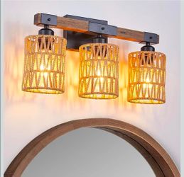 18.1" 3-Light Rattan Bathroom Vanity Light – Boho Farmhouse Rustic Wood & Black Wall Fixture