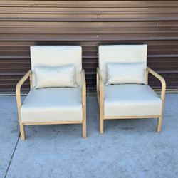 Mid- Century Cream Wood Frame Faux Leather Upholstered Accent Arm Chair