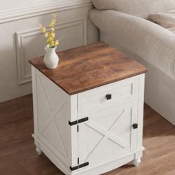 18" Farmhouse End Table, Nightstand with Drawer n Door, Bedside Table, White Brown
