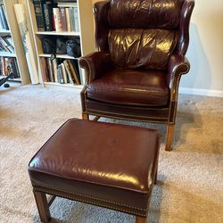 Leather Burgundy Wingback Chair with Ottoman