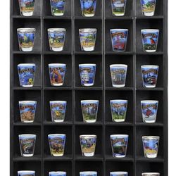 Tasse Verre 30 Shot Glass Shelf Display Case (2-Pack) - Large Wooden Collectibles Rack - Wall Mounted Black Bar Shadow Box Minifigure Storage, 16.7x12