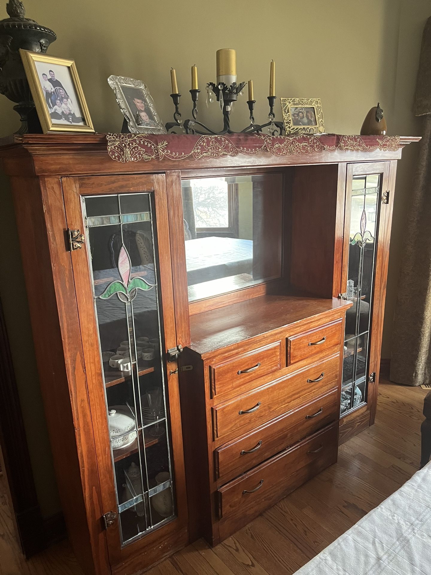 Oak Antique, Leaded, Glass Cabinet