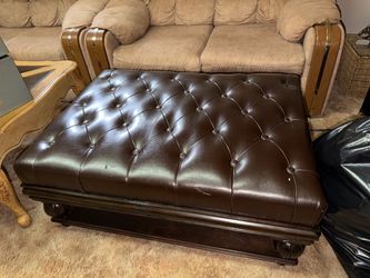 Large Tufted Leather Ottoman with Wood Base