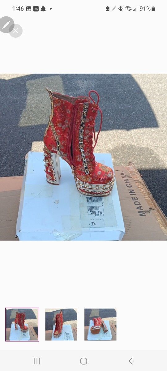 Red and Gold Lace-up Women's Boots