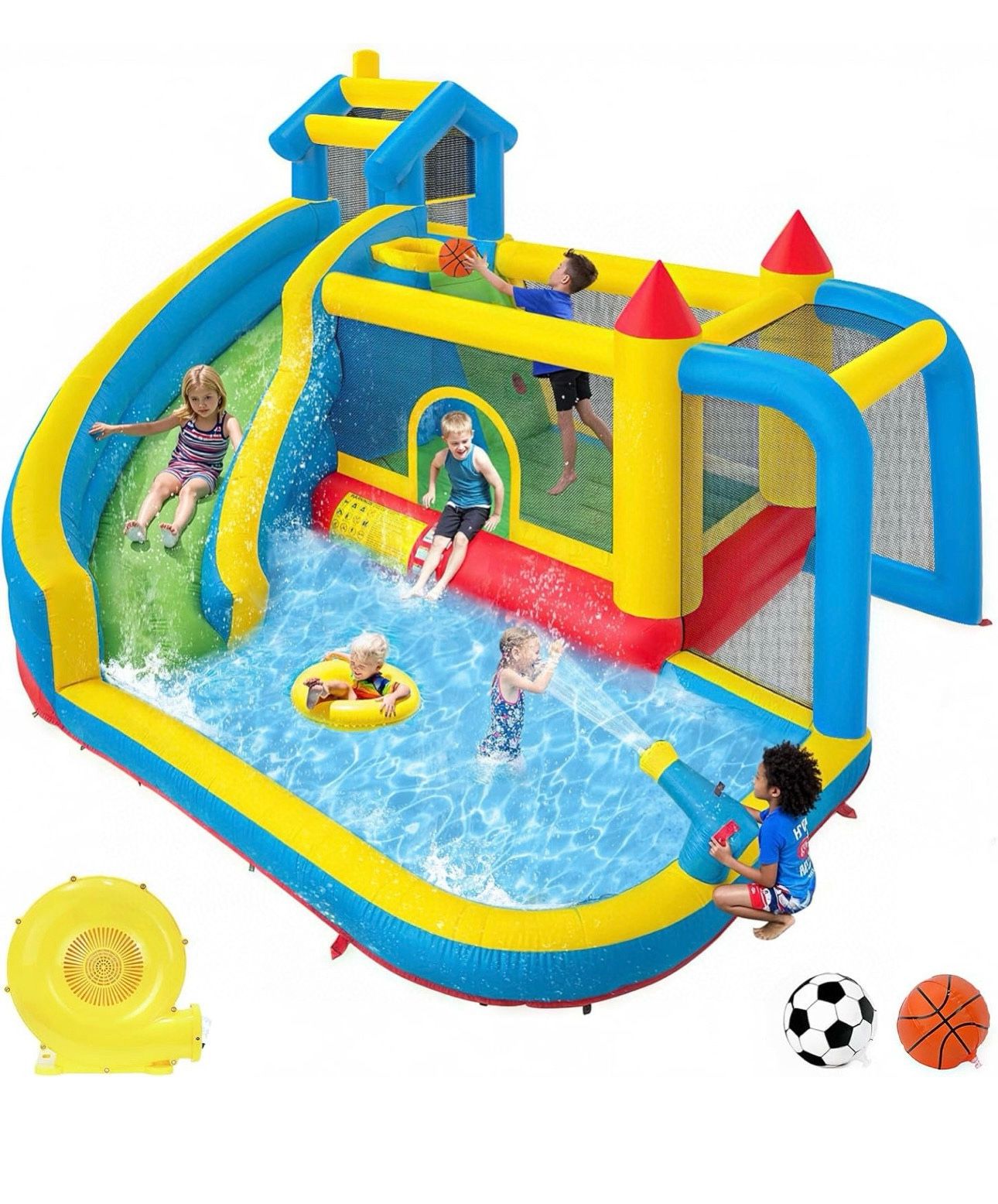Inflatable Water Slide Bounce House for Kids Backyard, 10 in 1 Blow Up Bouncy Park with Climbing Wall, Football Shooting, Jumping Trampoline, Indoor a