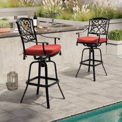 New Set of 2 Outdoor Cast Aluminum Swivel Patio Bar Stools with Red Cushions