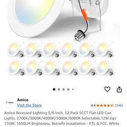 Amico Recessed Lighting 5/6 Inch, 12 Pack 5CCT Flat LED Can Lights, 2700K/3000K/4000K/5000K/6000K Selectable, 12W Eqv 110W, 1050LM Brightness, Retrofi