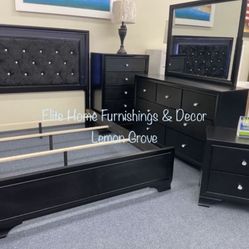 Queen Black Bedroom Set ( Bed Frame , Dresser, Mirror And One Nightstand)