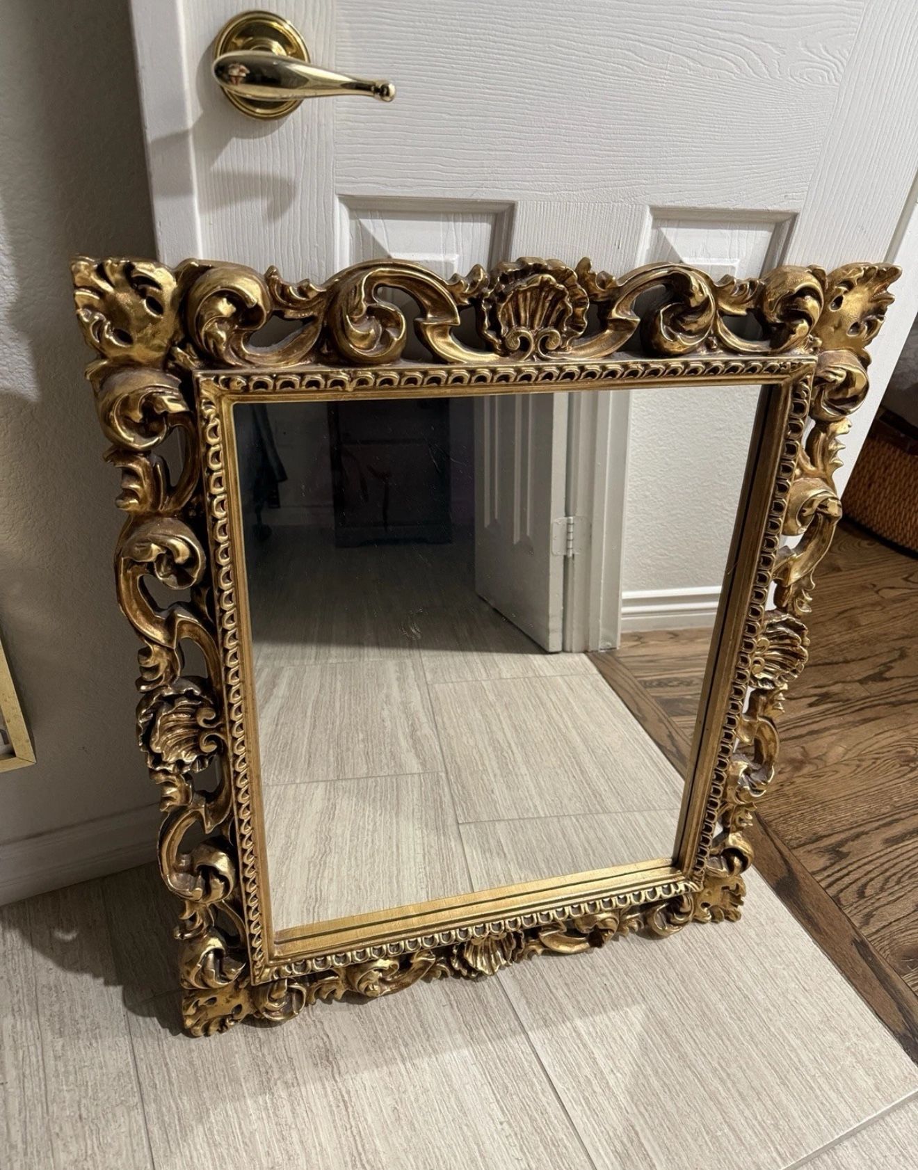 Antique Large Mirror Ornate Rococo Gold Gilt Wood Plaster Carving Baroque 27x31”