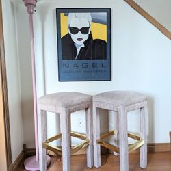 Vintage Pair Of Pink Postmodern Tweed Upholstered Counter / Bar Stools