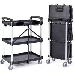 3-Shelf Foldable Utility Service Cart 165 lbs. Capacity Heavy Duty Plastic Rolling Cart in Black with Lockable Wheels