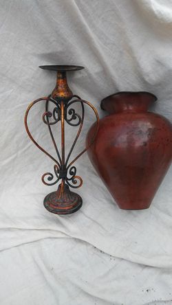 Large Metal Vase And Candlholder.