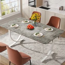 Grey 63" M/-oder-n Dini-ng T-able Kitchen Table with Faux Marble Table Top (Table Only)