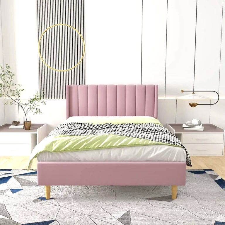 Pink Velvet Wingback Bed Frame