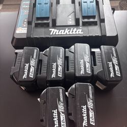 Mikita 5.0ah 18v Batteries (x6), + Dual Charger