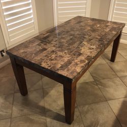 Wood Rectangle Dinning Table In Brown / Top Brown Fox Marble 