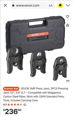 VEVOR VMP Press Jaws, 3PCS Pressing Jaws 1/2", 3/4" & 1" - Compatible with Megapress Carbon Steel Pipes, Work with 32KN Standard Press Tools, Includes