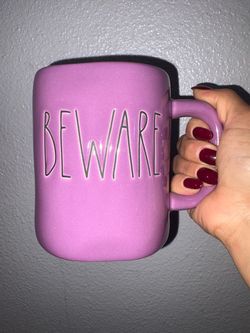 Rae Dunn BEWARE Purple Halloween Mug
