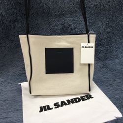 JIL SANDER Border medium canvas and leather tote bag