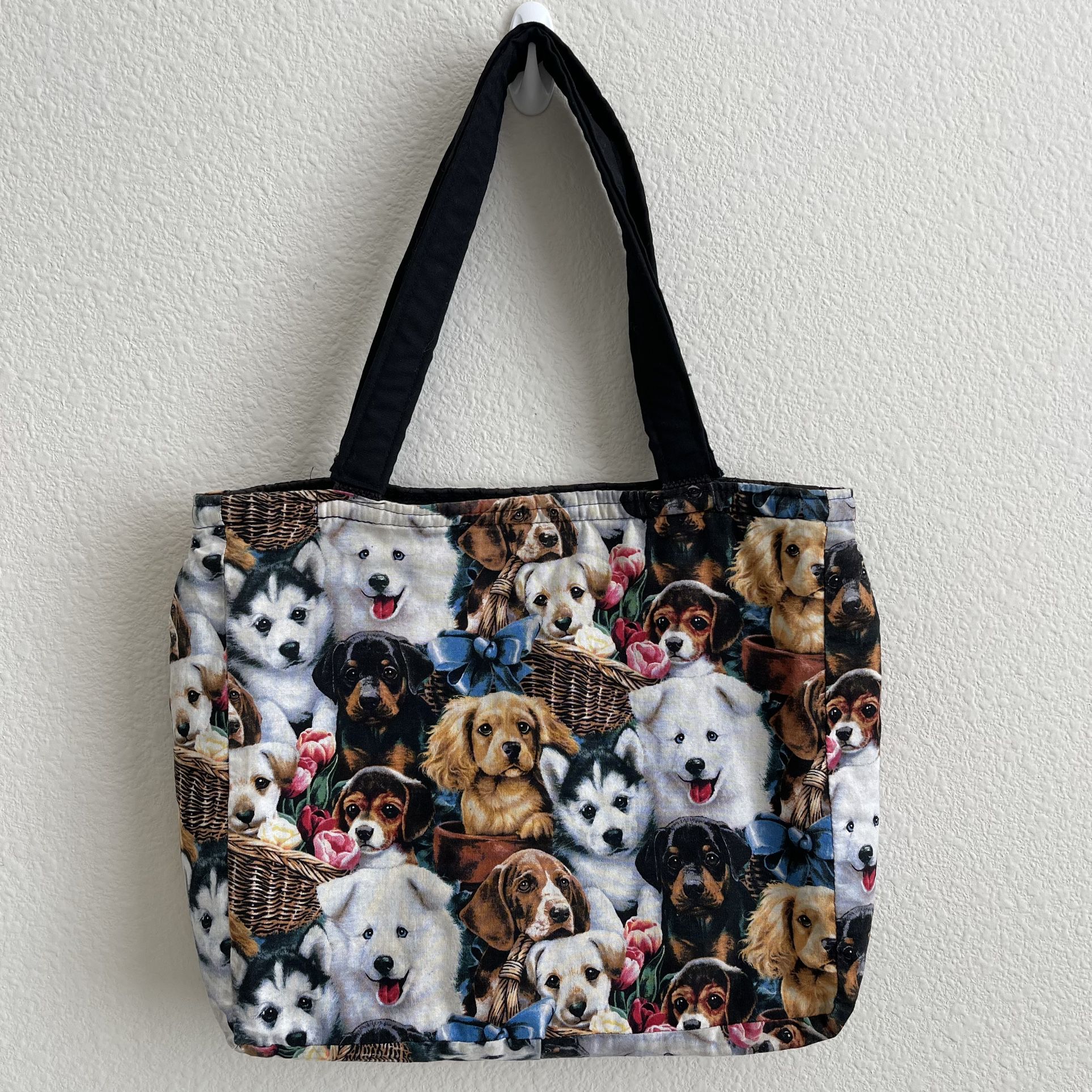 Vintage 90s Puppies & Dogs in Flower Baskets Handmade Quilted Shoulder Tote Bag