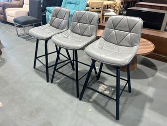 New - 26 inch Swivel Counter Height Bar Stool Set of 3, Faux Leather Seat with Metal Legs and Back, Grey