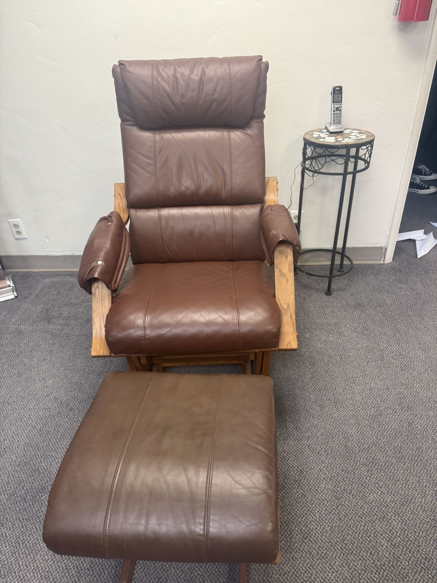 Dutailier Glider Wooden & Brown Leather Chair  with Ottoman