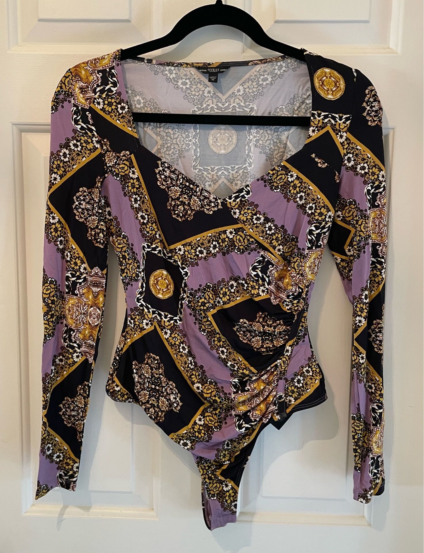 GUESS Baroque Scarf Print Bodysuit Purple Gold Black Ruched Long Sleeve XS Top