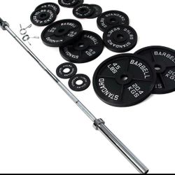 Olympic cast iron weight plate set 245 lbs plus 45 lb Bar Brand new still in the box!  7ft 45lb  barbell bar 2 x spring clip collars 12 plates