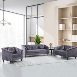 New Living Room Set On Grey Microfiber 