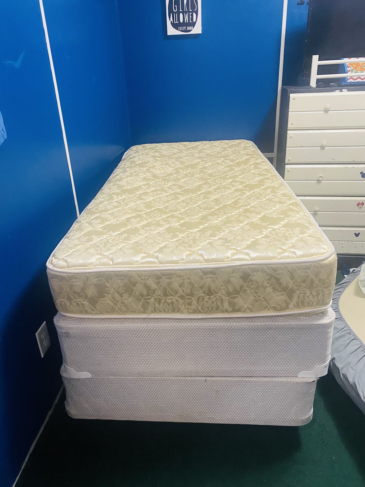 π©·π©·1- $$325-light yellow twin size mattress with white box spring. twin mattress and box. (Not new) - I stock up on these from purchasing them i