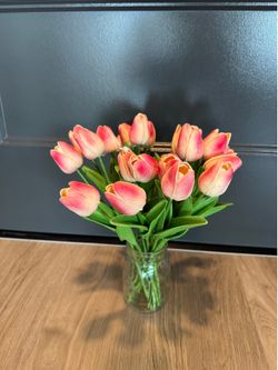 Pink & Coral Artificial Tulip Bouquet with Glass Mason Jar Vase