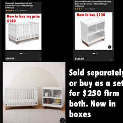 New in box sold separately or together  Crib new in box $180 Changing table new in box $120 Or take both for $250. Firm no lower  Cash only East Palmd
