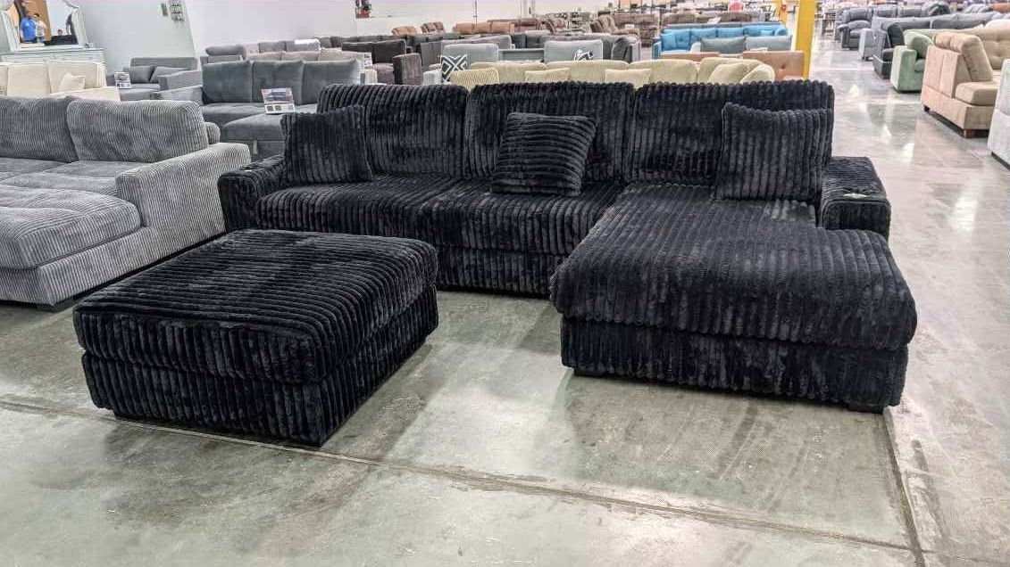 New Black Corduroy 4 Piece Modular Sectional Couch with USB and Cup Holders!