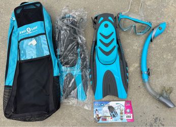 Aqua Lung Sport Pro Series Snorkel Set Woman’s S M 5 6 7 8 9 9.5 Blue Black fins mask bag