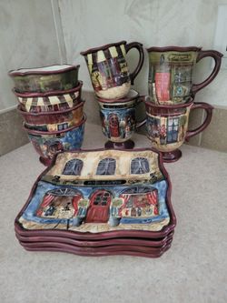 Kate McRostie Certified International French Boulevard Set Of 4 Plates, Bowls And Mugs.