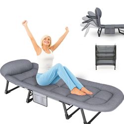Chaise Lounge Chair, Folding Cot, 6-Angle Adjustable Camping Cot with Mattress for Patio and Beach, Foldable Bed Portable Heavy Duty Lay Flat Reclinin
