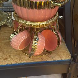 Elegant Pink Ceramic Tea And Coffe Set With Gold Accent- Pot With 6 Cups And Stand 