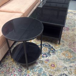 Matching Set, Black Metal, Coffee Table, And End Table With Black Tinted Glass And Gold Legs